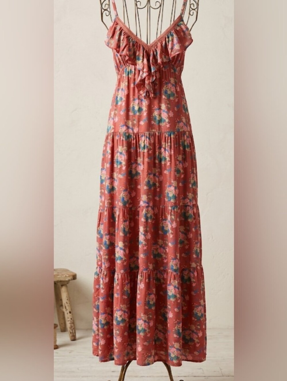 Ruffled Tiered Maxi Dress in Rust Floral (Sz M) Prairie Boho Floral Garden Femme